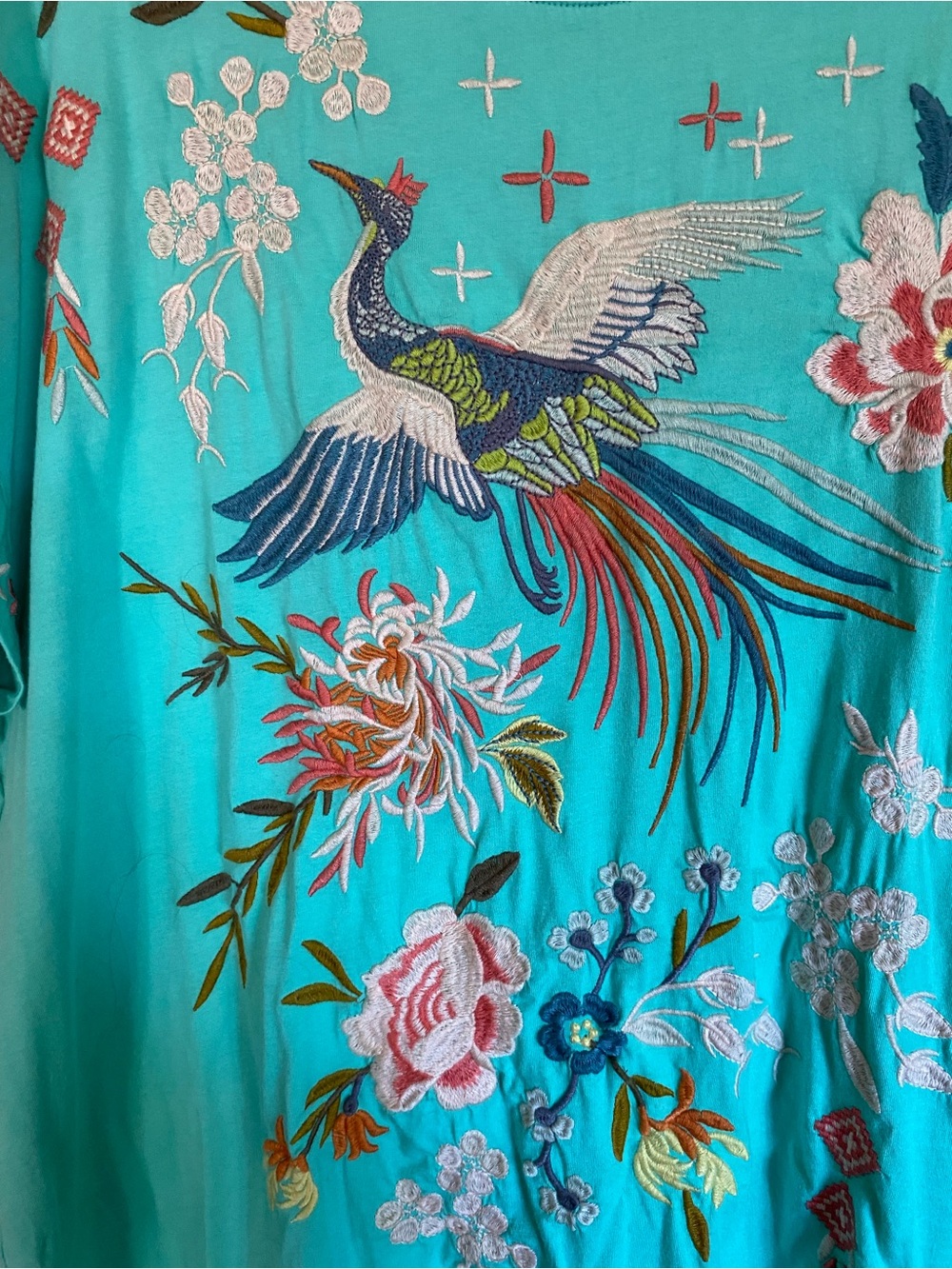 Johnny Was Aqua shirt pullover embroidered bird 2X- new without tags - Picture 2 of 5